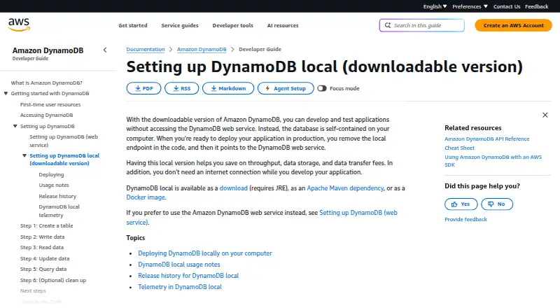 The DynamoDB Local homepage