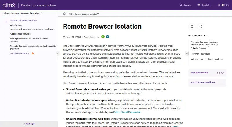 The Citrix Remote Browser Isolation homepage