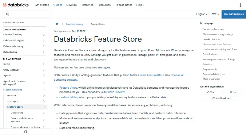 The Databricks Feature Store homepage