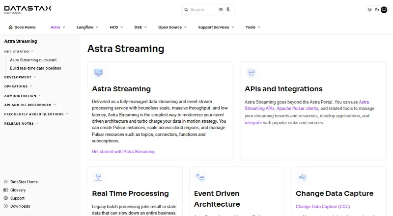The DataStax Astra Streaming homepage