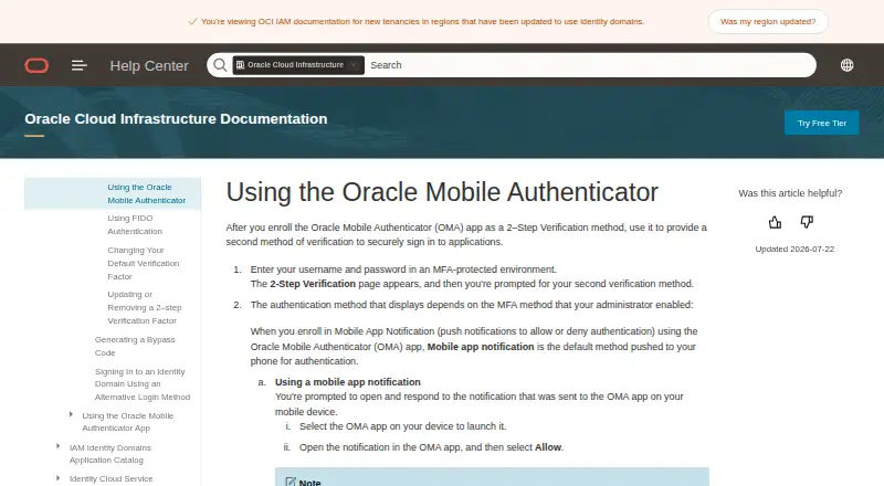 The Oracle Mobile Authenticator homepage