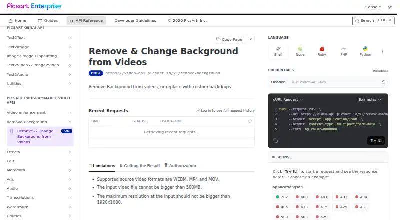 The Picsart Video Background Removal API homepage
