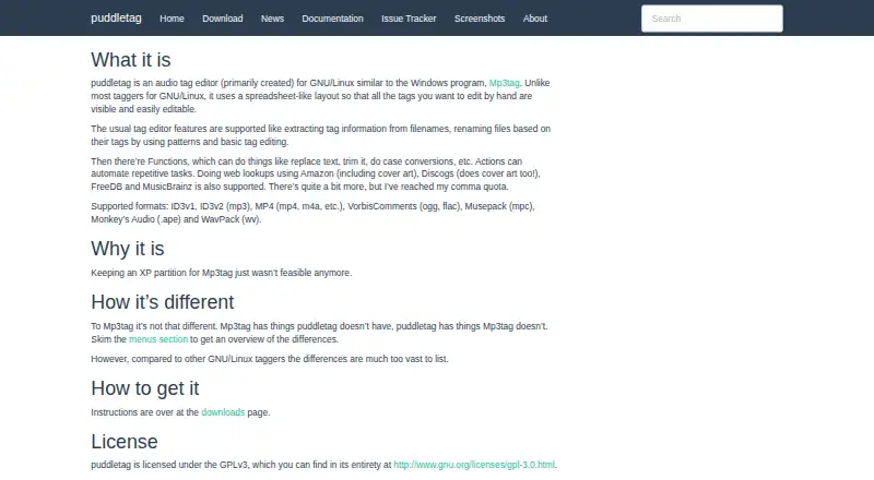 The puddletag homepage