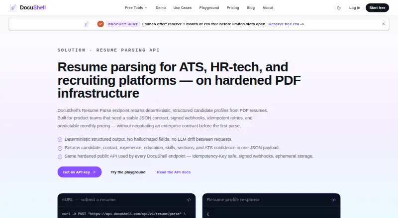 The DocuShell Resume Parsing API homepage