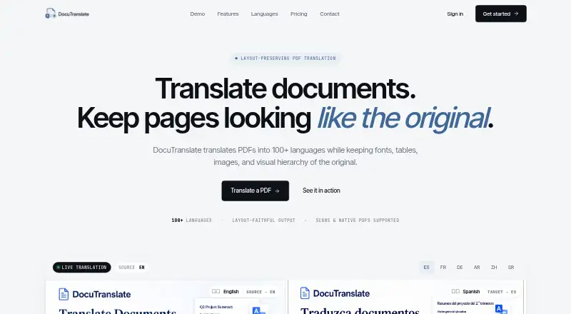 The DocuTranslate homepage