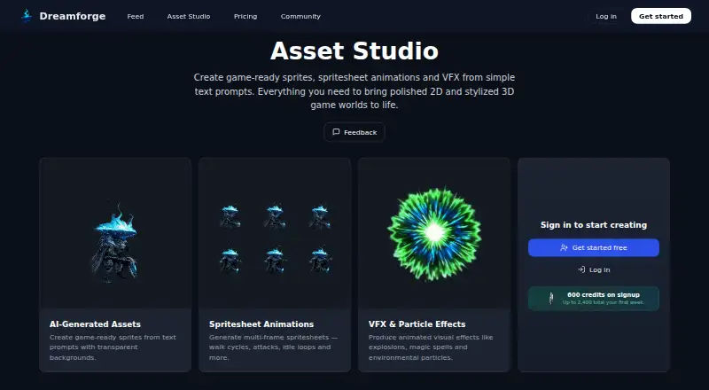 The DreamForge Asset Studio homepage