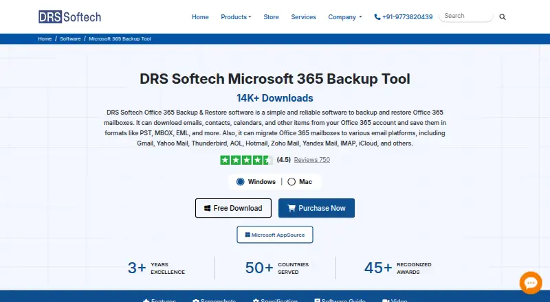 The DRS Softech Microsoft 365 Backup Tool homepage