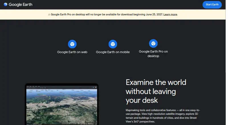 The Google Earth Pro homepage
