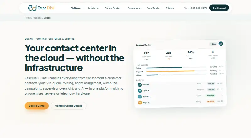 The EaseDial CCaaS homepage