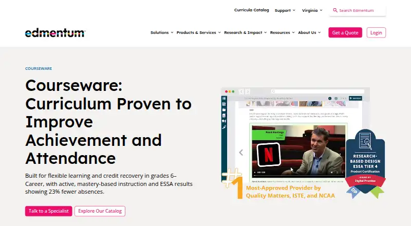 The Edmentum Courseware homepage