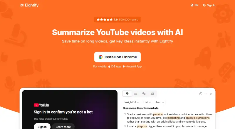The Eightify homepage