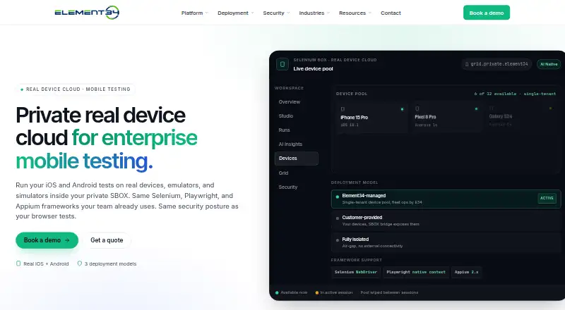 The Element34 Real Device Cloud homepage