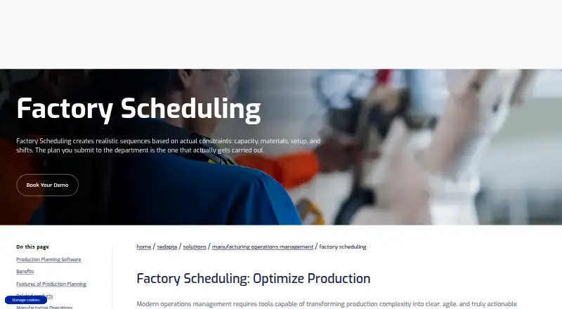 The sedApta Factory Scheduling homepage