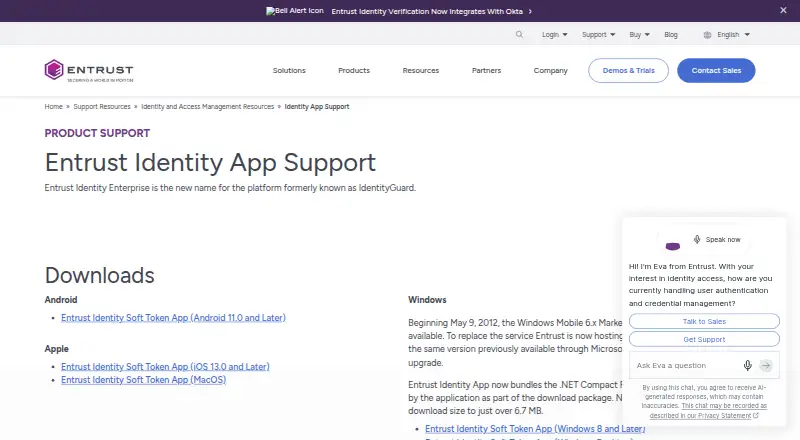 The Entrust Identity App homepage
