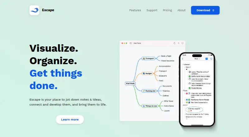 The Escape homepage