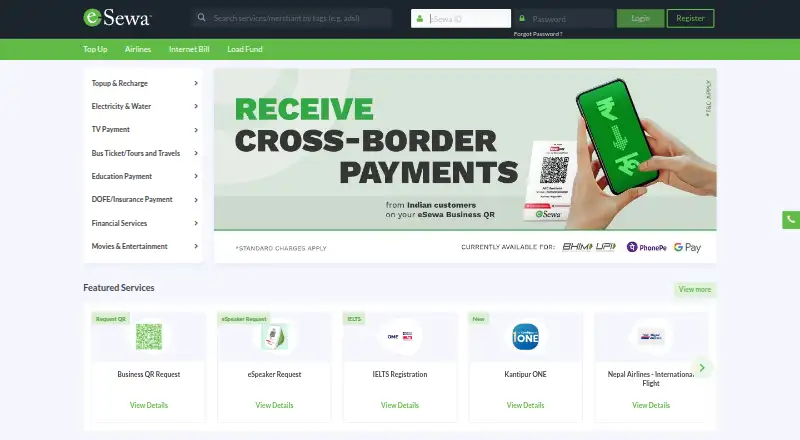 The eSewa homepage