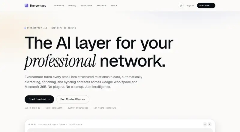 The Evercontact homepage