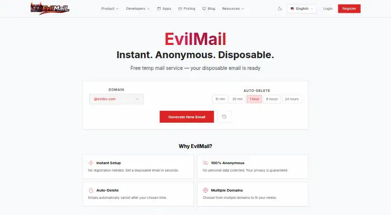 The EvilMail homepage