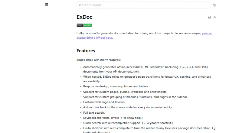The ExDoc homepage