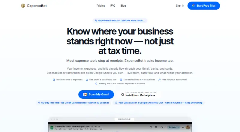 The ExpenseBot homepage