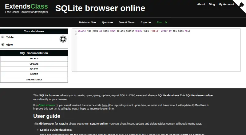 The ExtendsClass SQLite Browser homepage