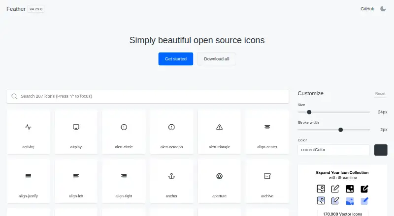 The Feather Icons homepage