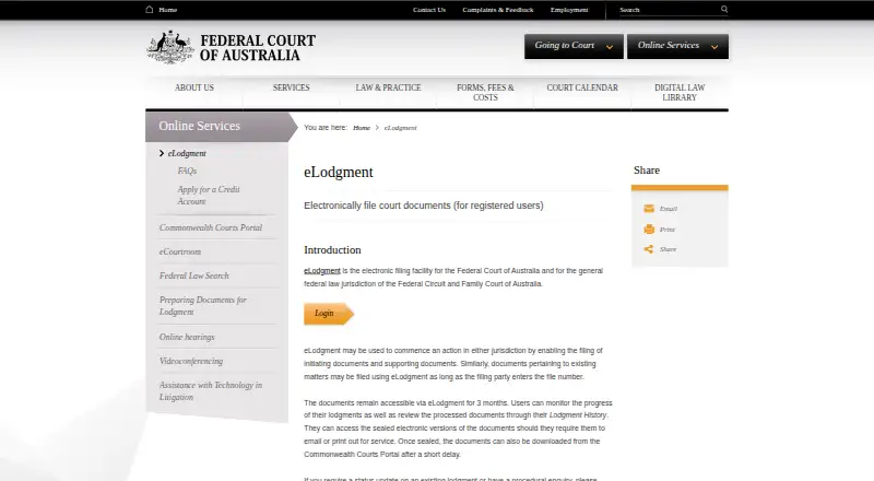The eLodgment homepage
