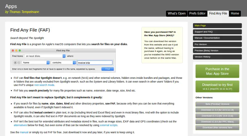 The Find Any File homepage