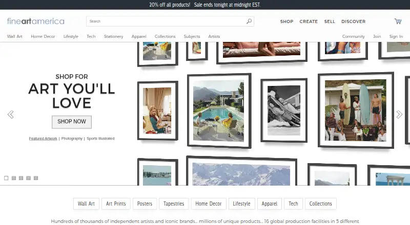 The Fine Art America homepage
