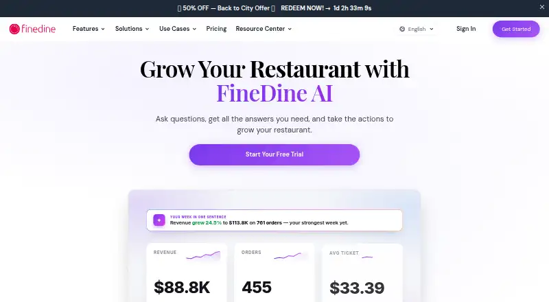The FineDine homepage