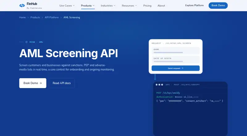 The FinHub AML Screening API homepage