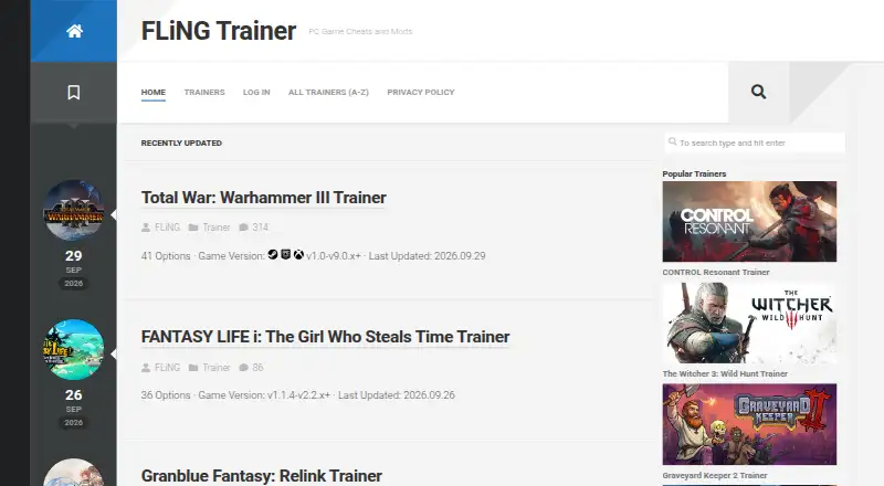 The FLiNG Trainer homepage