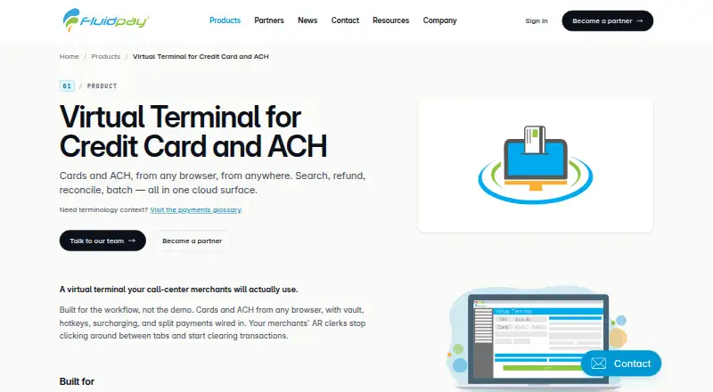 The Fluid Pay Virtual Terminal homepage