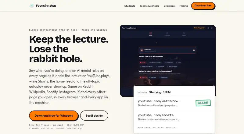 The The Focusing App homepage