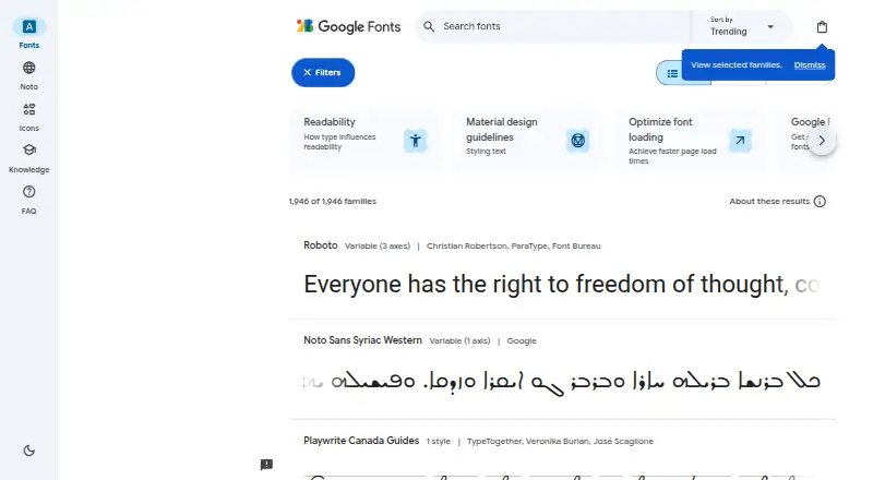 The Google Fonts homepage