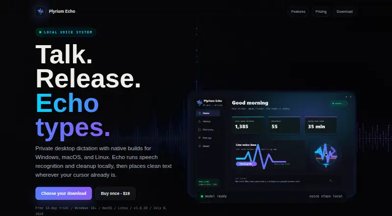 The Plyrium Echo homepage