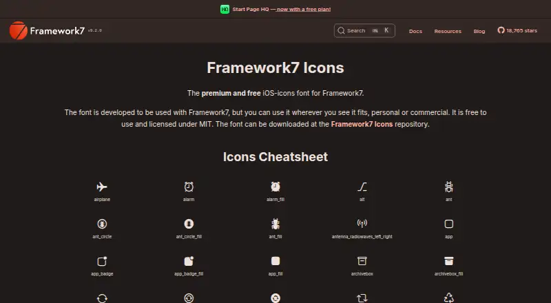 The Framework7 Icons homepage