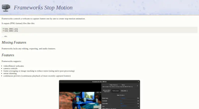 The Frameworks Stop Motion homepage