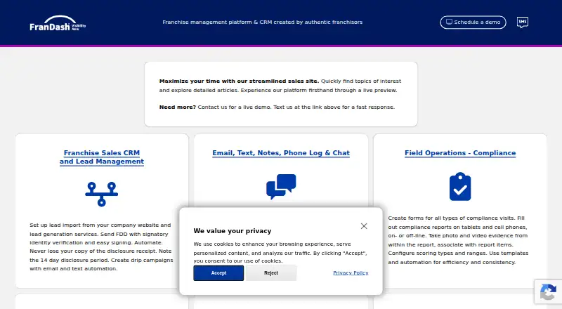 The FranDash homepage