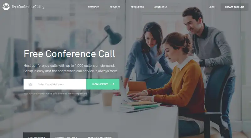 The FreeConferenceCalling.com homepage