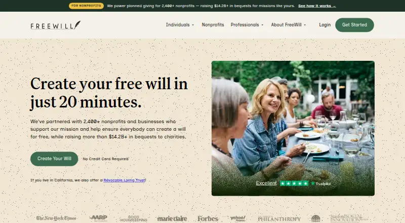 The FreeWill homepage
