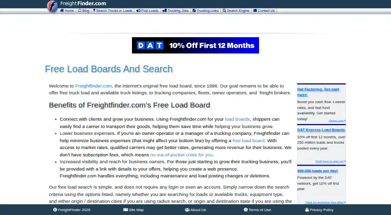 The FreightFinder homepage