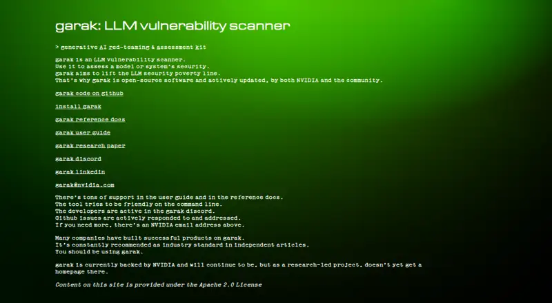 The garak homepage