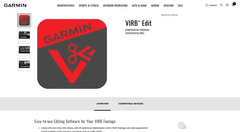 The Garmin VIRB Edit homepage