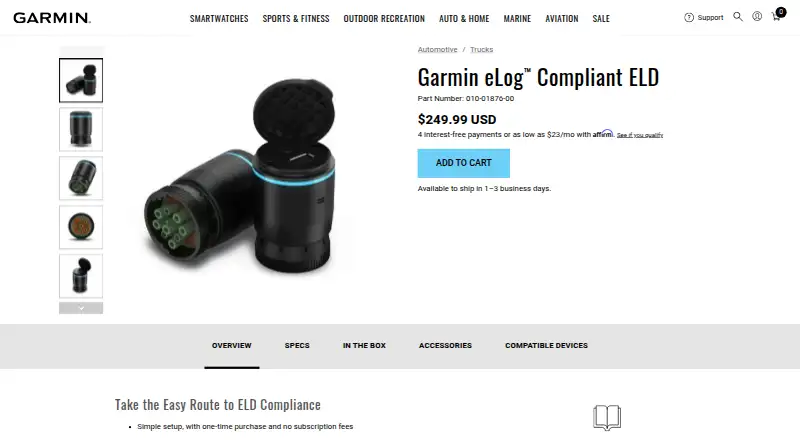 The Garmin eLog homepage