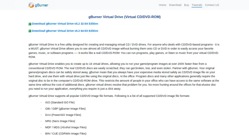 The gBurner Virtual Drive homepage