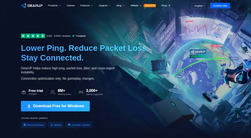 The GearUP Booster homepage