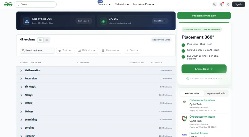 The GeeksforGeeks Practice homepage