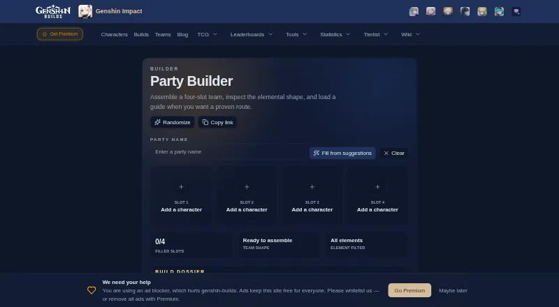 The GenshinBuilds Party Builder homepage