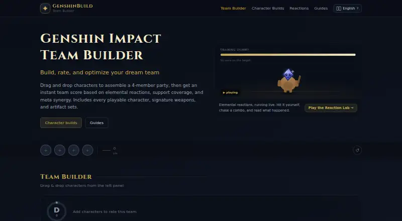 The Genshin Impact Team Builder homepage